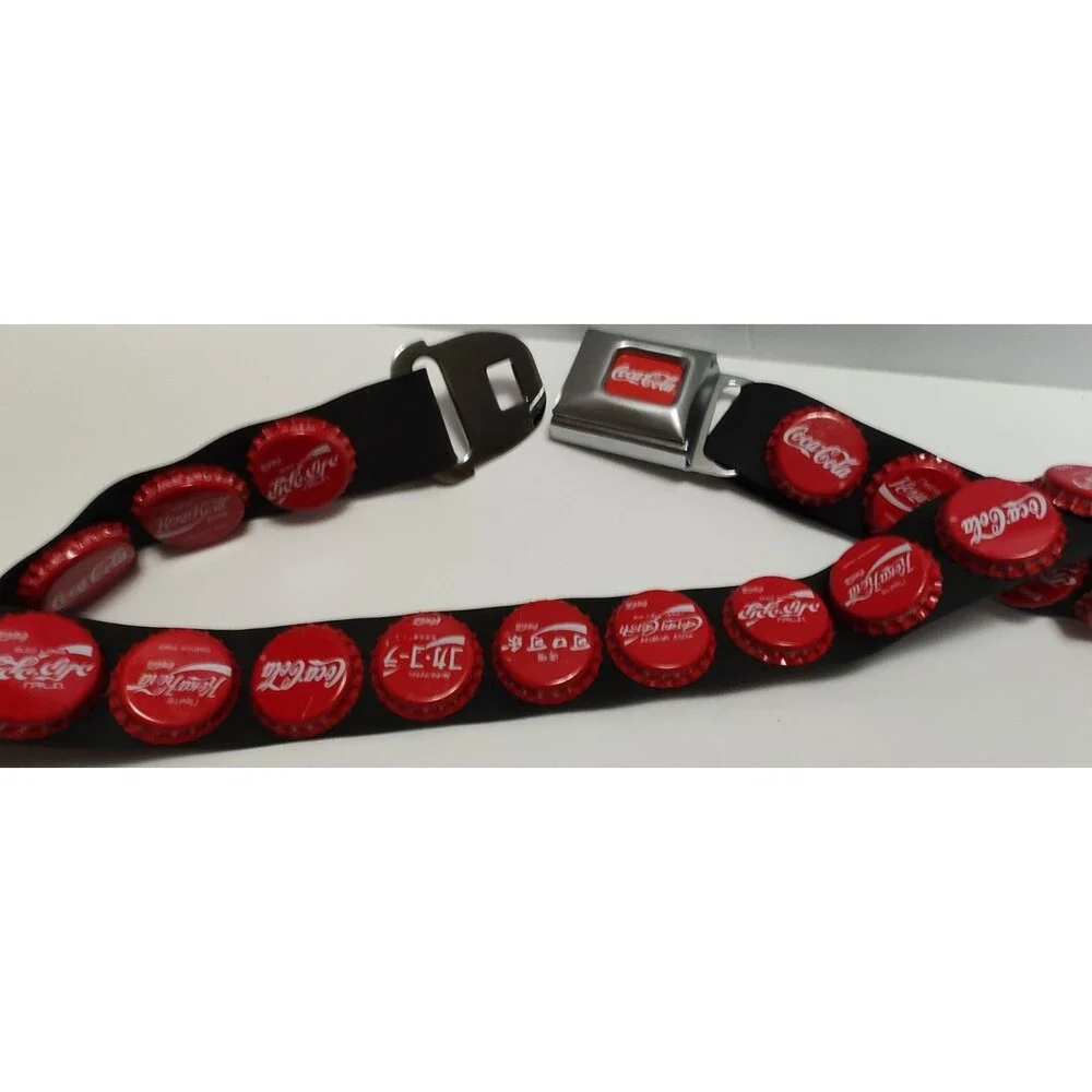 Vintage 90's COKE Rubber Belt  Coca-Cola Global Bottle Caps Chrome Punk Goth